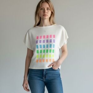 Vintage 90's Courreges Paris Sweater White Neon Rainbow Blocks Short Sleeve L